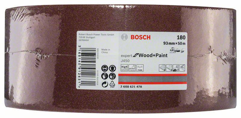 Schleifpapierrolle mit Bosch-Logo, 93mm x 50m, Körnung 180, geeignet für Holz und Farbe. Herstellerangaben und Barcode sichtbar.