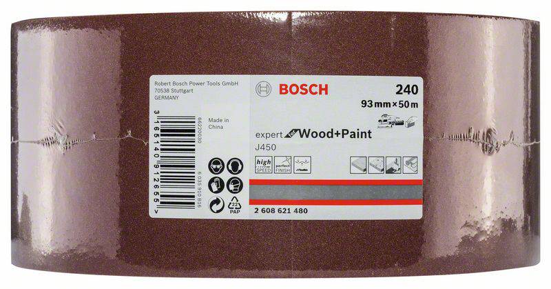 Schleifpapierrolle von Bosch, 240er Körnung, 93mm x 50m, geeignet für Holz und Farbe, Verpackung zeigt Barcode und Herstellerinformation.