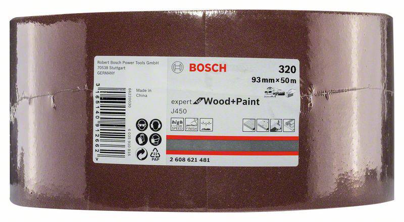 Bosch Schleifpapier, Körnung 320, 93 mm x 50 m, geeignet für Holz und Farbe. Hergestellt in China.