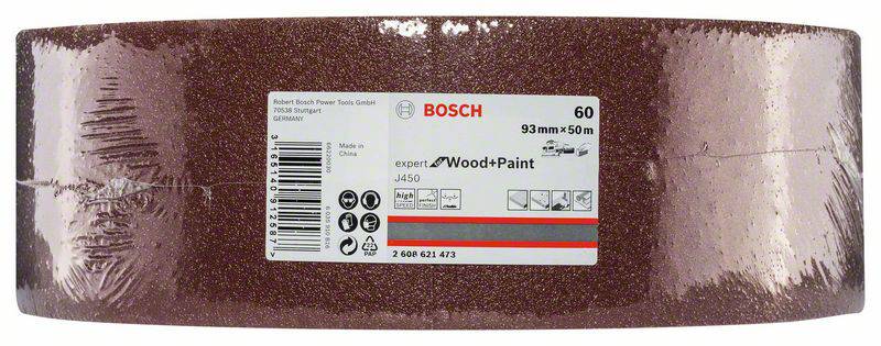 Eine Rolle Schleifpapier von Bosch, 93 mm x 50 m, Korn 60, geeignet für Holz und Farbe. Label zeigt Produktdetails und Anwendungssymbole.