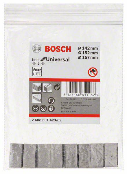 Eine Verpackung mit Bosch Sägeblättern, geeignet für 142 mm, 152 mm und 157 mm. Enthält Warnhinweise und Produktinformationen.