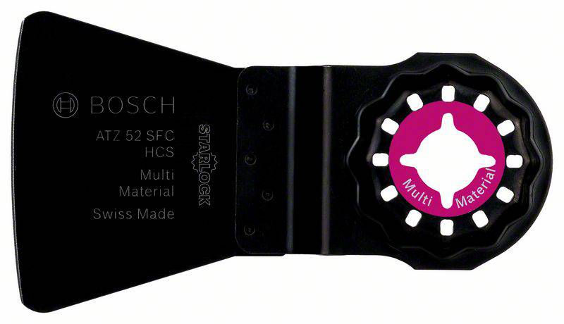 Schwarzes Bosch Multi-Material Sägeblatt, Modell ATZ 52 SFC, Swiss Made, Starlock-System, geeignet für verschiedene Materialien.