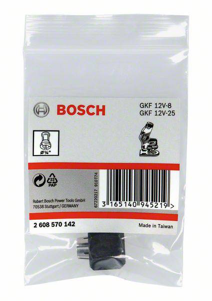 'Bosch GKF 12V-8' und 'GKF 12V-25' in Kunststoffverpackung. Zeigt Barcode, Made in Taiwan, und Herstellerinformationen.