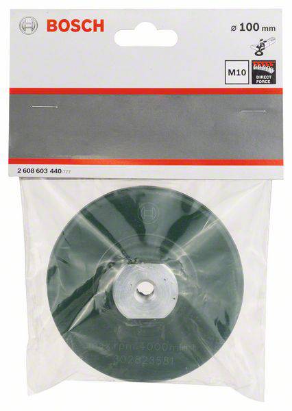 Verpackung einer Bosch-Schleifscheibe, Größe 100 mm, M10-Gewinde, in Plastikbeutel. Geeignet für verschiedene Schleifarbeiten.