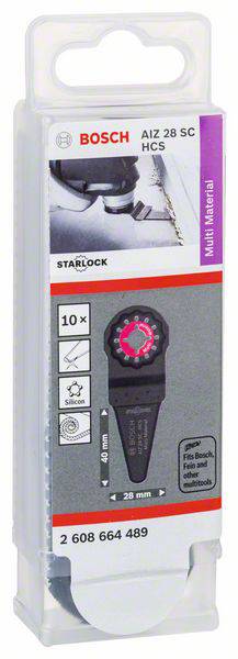 Bosch Starlock Sägeblatt AIZ 28 SC HCS für Multi-Materialien in Verpackung. Geeignet für präzises Schneiden, Größe 28x50 mm.