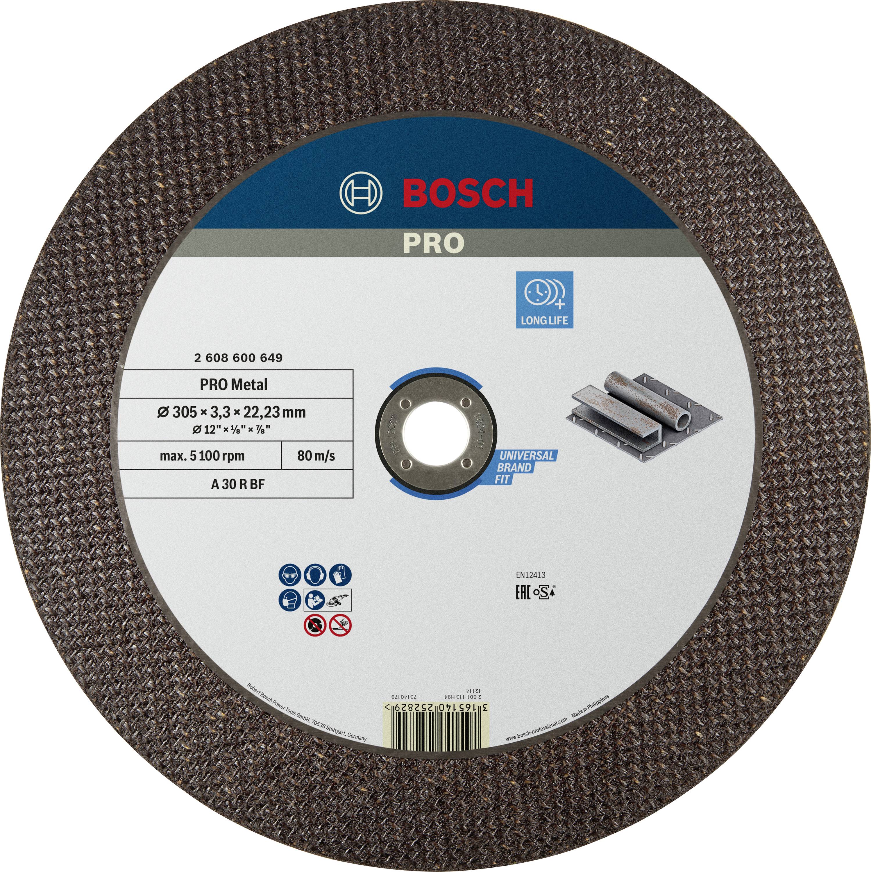 Trennscheibe mit Bosch-Logo, Markierung 'PRO Metal', Durchmesserangaben Ø 305 x 3,3 x 22,23 mm, Bild von Metallteilen, Geschwindigkeit 80 m/s.