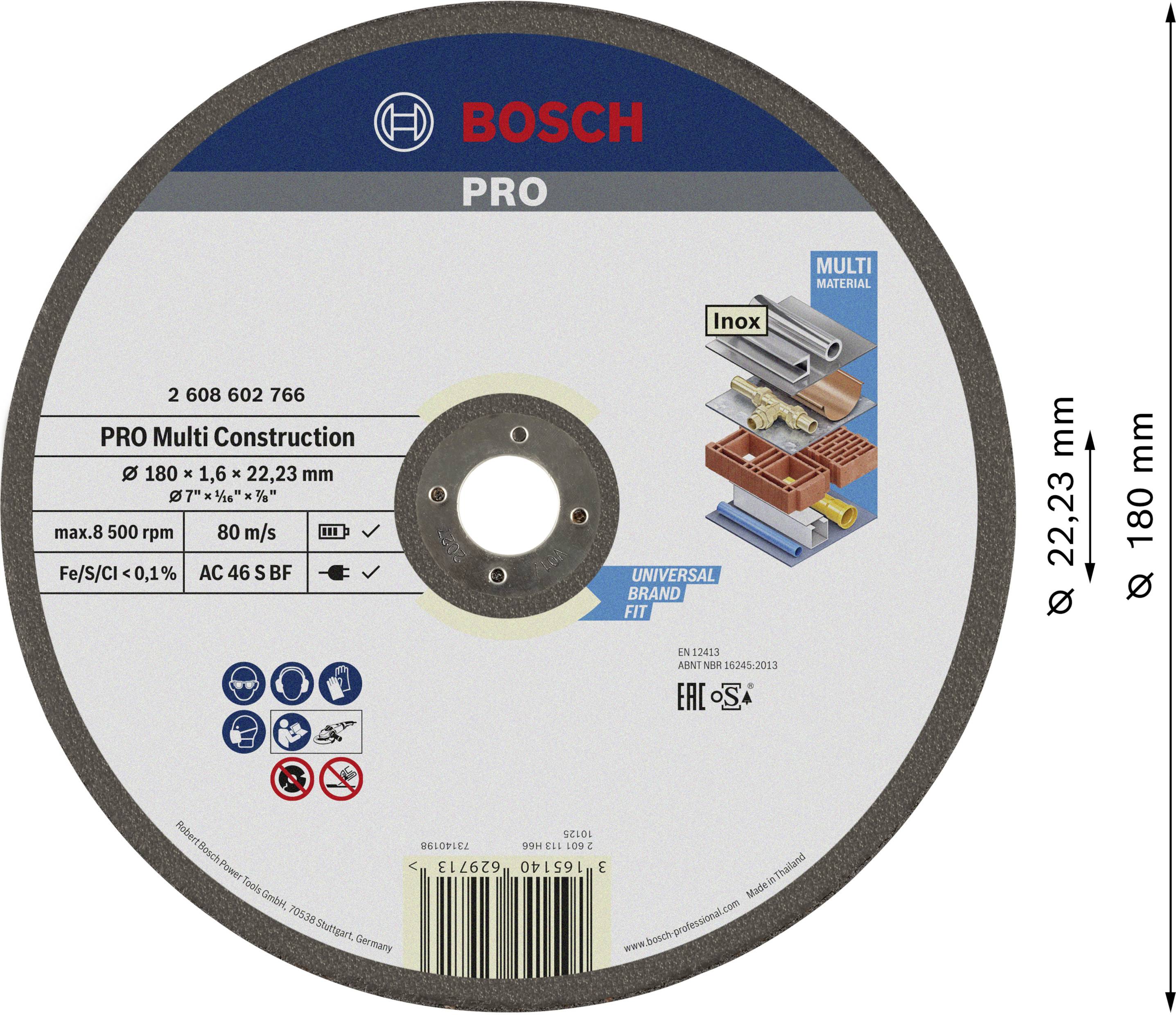 Schleifscheibe von Bosch, Modell 'PRO Multi Construction', Durchmesser 180 mm, Dicke 1,6 mm, geeignet für verschiedene Materialien.