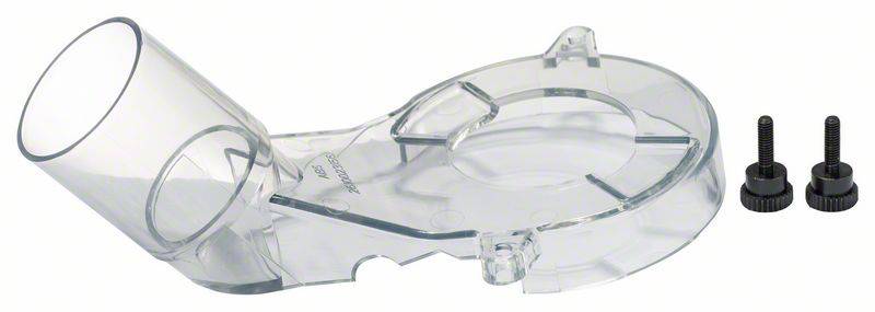 Ein transparenter Staubabsauganschluss mit zwei schwarzen Schrauben. Geeignet für Heimwerkerarbeiten zur Sicherstellung von Sauberkeit.