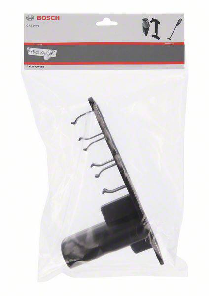 Eine Bosch-Zubehörverpackung zeigt einen schwarzen Wandhalter für ein Werkzeugsystem, geeignet zur Aufbewahrung von Werkzeugteilen.