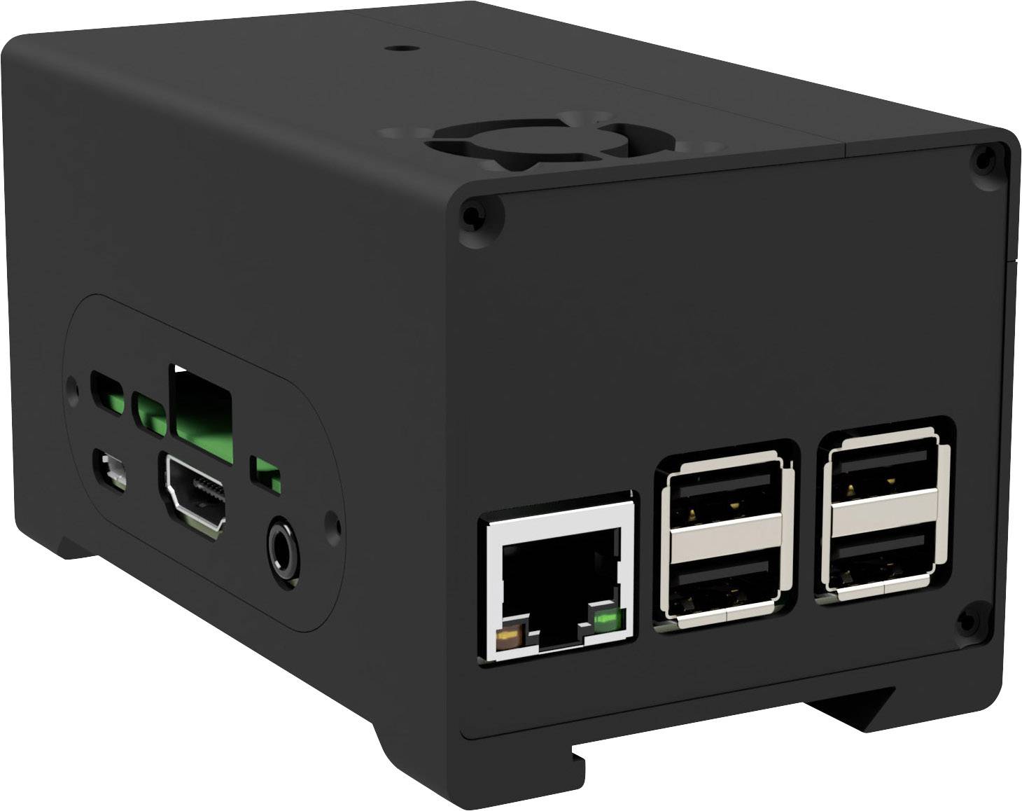 Ein schwarzer Mini-PC mit mehreren Anschlüssen, darunter USB und Ethernet. Geeignet für Projekte und technische Anwendungen.