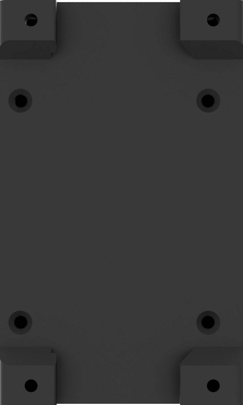 Schwarze rechteckige Metallplatte mit abgerundeten Ecken und mehreren Löchern für Schraubmontage.