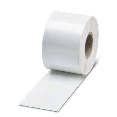 Eine Rolle weißes Etikettenpapier mit einem Streifen, der abgewickelt ist, ideal für Druck- oder Beschriftungsaufgaben.