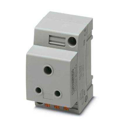 Ein graues elektrisches Gerät für die Hutschienenmontage mit mehreren Anschlüssen an der Unterseite, häufig in elektrischen Verteilern verwendet.