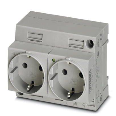 Doppelte Steckdose mit grauem Gehäuse, zur elektrischen Nutzung in Gebäuden, zeigt Ein/Aus-Schalter und Kabelanschlüsse.