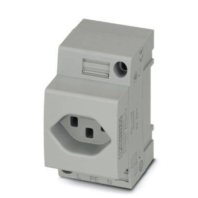 Ein graues Steckdosenmodul für die Hutschienenmontage mit L-, PE- und N-Anschlüssen, verwendet in elektrischen Sicherungsanlagen.