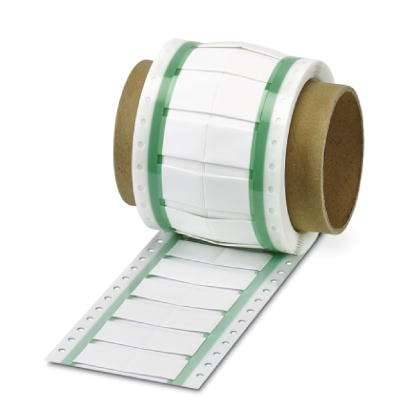 Eine Rolle Druckeretiketten, teilweise abgewickelt, mit grünen und weißen Streifen, geeignet für Etikettendrucker.