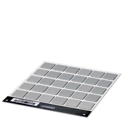 Ein Blatt mit 24 grauen, quadratischen Stickern, auf einem Barcode-Streifen.