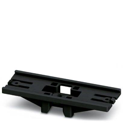 Ein schwarzes Kunststoffteil mit rechteckiger Form und mehreren Aussparungen, möglicherweise ein Befestigungselement oder Adapter.