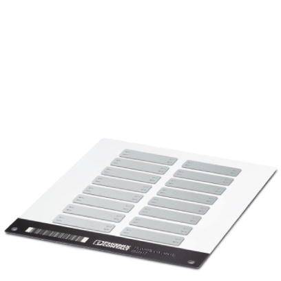 Ein weißes Blatt mit mehreren grauen, rechteckigen Aufklebern in Reihen angeordnet. Unten ist ein schwarzer Balken mit Zahlen sichtbar.