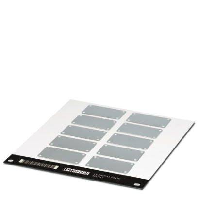 Ein weißes Blatt mit grauen, rechteckigen Aufklebern in zwei Reihen. Oben und unten sind schwarze Abschnitte mit Barcodes und Text.