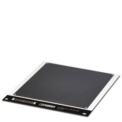 Eine schwarze quadratische Platte aus technischem Material, möglicherweise für industrielle Anwendungen. Markierungen an der Seite.