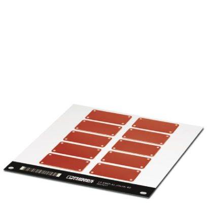 Weiße Platine mit roten, rechteckigen elektronischen Komponenten in zwei Reihen. Schwarze Kante mit Barcode unten.