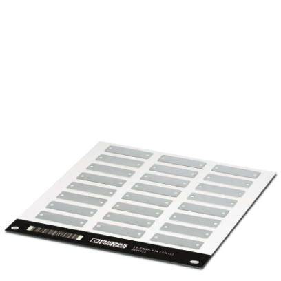 Mehrere Reihen von rechteckigen Etiketten auf einem weißen Blatt, bereit zur Verwendung in einem Drucker, mit Barcode am unteren Rand.
