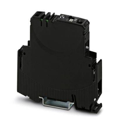 Ein schwarzer elektrischer Schaltkasten zum Montieren auf einer Schiene. Er hat mehrere Anschlüsse und zeigt keinerlei Markierungen.