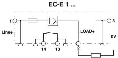 Schaltplan mit Beschriftung 'EC-E 1'. Stromfluss von 'Line+' zu 'LOAD+'. Schalterpositionen 13 und 14 dargestellt, Abzweigungen ausgehend.