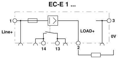 Schaltplan eines Relaismoduls. Symbolisch dargestellte Komponenten umfassen eine Diode, einen Widerstand und Anschlüsse für Line+ und Load+.