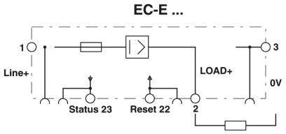 Schaltplan mit Eingangs-, Status-, Reset-Anschluss und Last. Pfeil zeigt von Eingang zu Last. Beschriftung: EC-E, Line+, LOAD+.