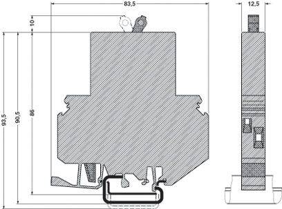 Technische Zeichnung eines Profilsystems mit Maßen: Höhe 96 mm, Breite 83,5 mm, Tiefe 12,5 mm. Detaillierte Innenansicht.