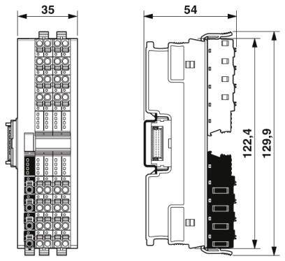 Zwei technische Zeichnungen eines elektronischen Geräts, seitliche und frontale Ansicht mit Maßangaben von 35 mm und 54 mm.