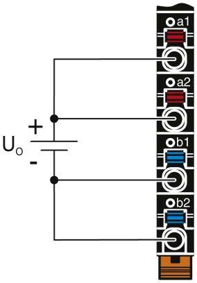 Diagramm eines elektrischen Schaltkreises: Zwei Paare von Leuchtdioden (a1/a2 und b1/b2) verbunden mit einer Spannungsquelle Uo+.