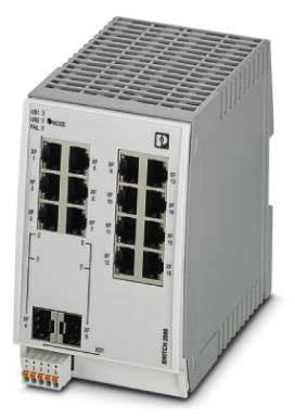 Industrie-Ethernet-Switch von Phoenix Contact mit mehreren LAN-Anschlüssen, geeignet zur Integration in Automatisierungssysteme.