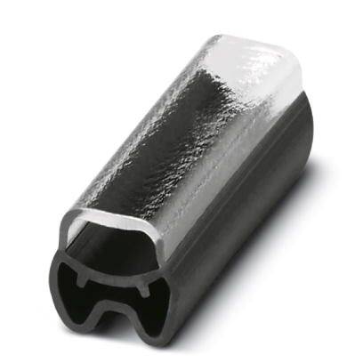 Ein silbernes, glänzendes Metallstück, zylindrisch und hohl, mit einem schwarzen Innenteil, geeignet für mechanische Verbindungen.