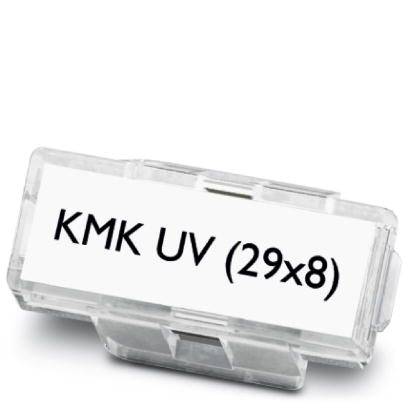 Etikett mit der Aufschrift 'KMK UV (29x8)' in einem transparenten Kunststoffgehäuse.
