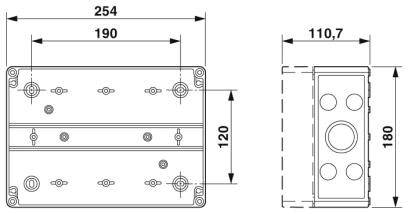 Technische Zeichnung eines rechteckigen Gehäuses mit Abmessungen: 254 mm x 120 mm x 110,7 mm. Enthält Befestigungspunkte.