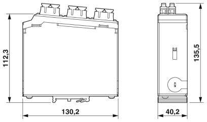 Technische Zeichnung eines rechteckigen Batteriemoduls in zwei Ansichten mit Maßen: 112,3 mm Höhe, 130,2 mm Breite, 40,2 mm Tiefe.