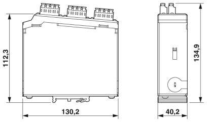 Zeichnung eines elektrischen Geräts mit Maßangaben: Höhe 112,3 mm, Breite 130,2 mm, Tiefe 40,2 mm, Gesamtmaß 134,9 mm.