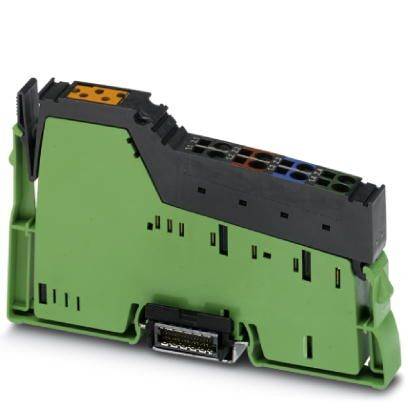 Ein grünes elektronisches Modul mit Anschlüssen und einem schwarzen oberen Teil. Es wird für industrielle Anwendungen genutzt.