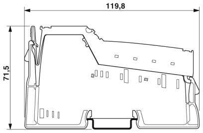 Technische Zeichnung eines Bauteils mit Abmessungen. Höhe: 71,5 mm, Breite: 119,8 mm. Geometrische Form und Schnittansicht dargestellt.