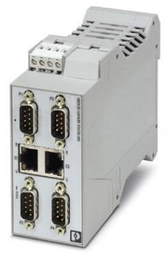 Ein graues elektrisches Gerät mit mehreren Anschlussstellen, darunter vier serielle Ports und zwei Ethernet-Ports.