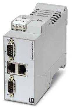 Ein graues elektrisches Gerät mit mehreren Anschlüssen, darunter zwei Netzwerkbuchsen und drei serielle Buchsen.