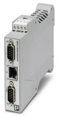 Ein graues elektrisches Modul mit mehreren Anschlüssen, darunter zwei serielle und ein Ethernet-Anschluss, zur industriellen Kommunikation.