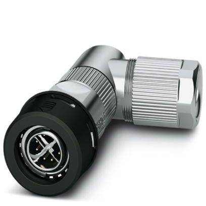 Ein rechtwinkliger Metallstecker mit zwei Anschlüssen. Geeignet für industrielle Anwendungen, robuste Bauweise in Silber und Schwarz.