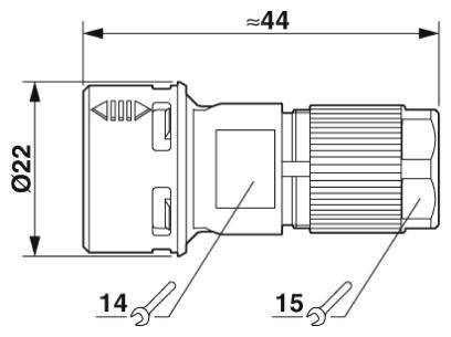 Steckverbindungsskizze mit Maßen: Länge ca. 44 mm, Durchmesser 22 mm. Schraubengröße 14 und 15 mm sind gekennzeichnet.