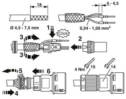 Abbildung eines Montagehandbuchs für ein elektrisches Steckersystem, das Schritte zum Anschließen und Sichern der Kabel zeigt.