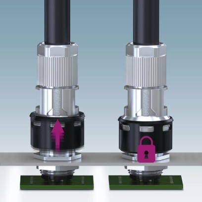 Zwei Kabelstecker nebeneinander; links zeigt einen Pfeil nach oben für das Einstecken, rechts ein Schloss-Symbol für gesperrte Verbindung.