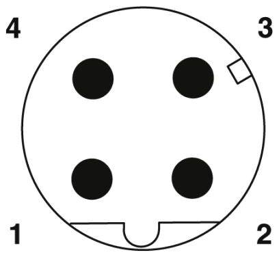 Rundstecker mit vier nummerierten Kontakten, von 1 bis 4, im Uhrzeigersinn angeordnet. Kontakt 3 hat eine rechteckige Kerbe.
